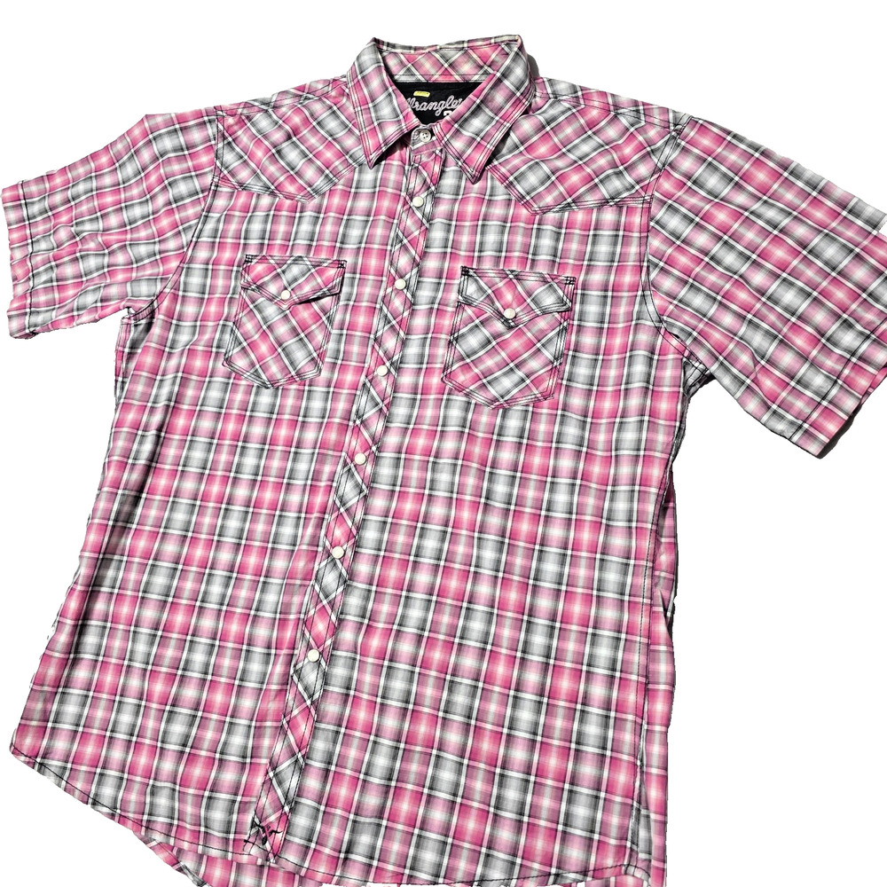 Wrangler 20X Western Shirt Mens XL Pink Plaid Short Sleeve Pearl Snap Cotton